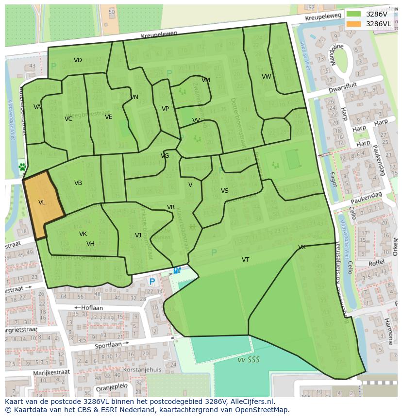 Afbeelding van het postcodegebied 3286 VL op de kaart.