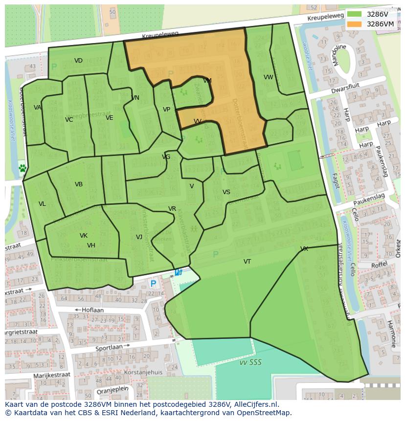 Afbeelding van het postcodegebied 3286 VM op de kaart.