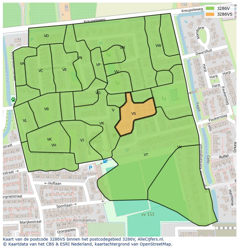 Afbeelding van het postcodegebied 3286 VS op de kaart.