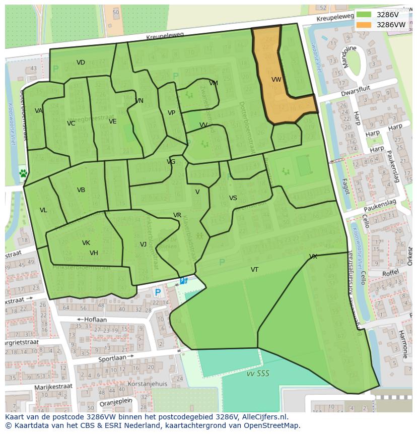 Afbeelding van het postcodegebied 3286 VW op de kaart.
