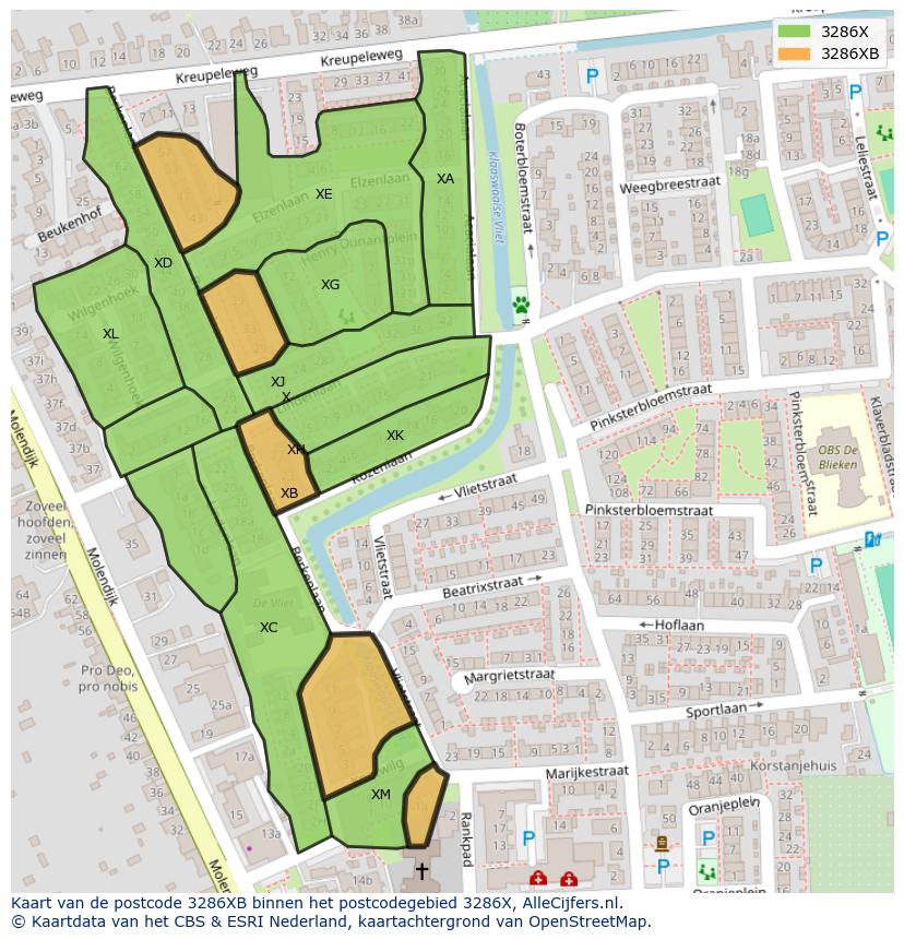 Afbeelding van het postcodegebied 3286 XB op de kaart.