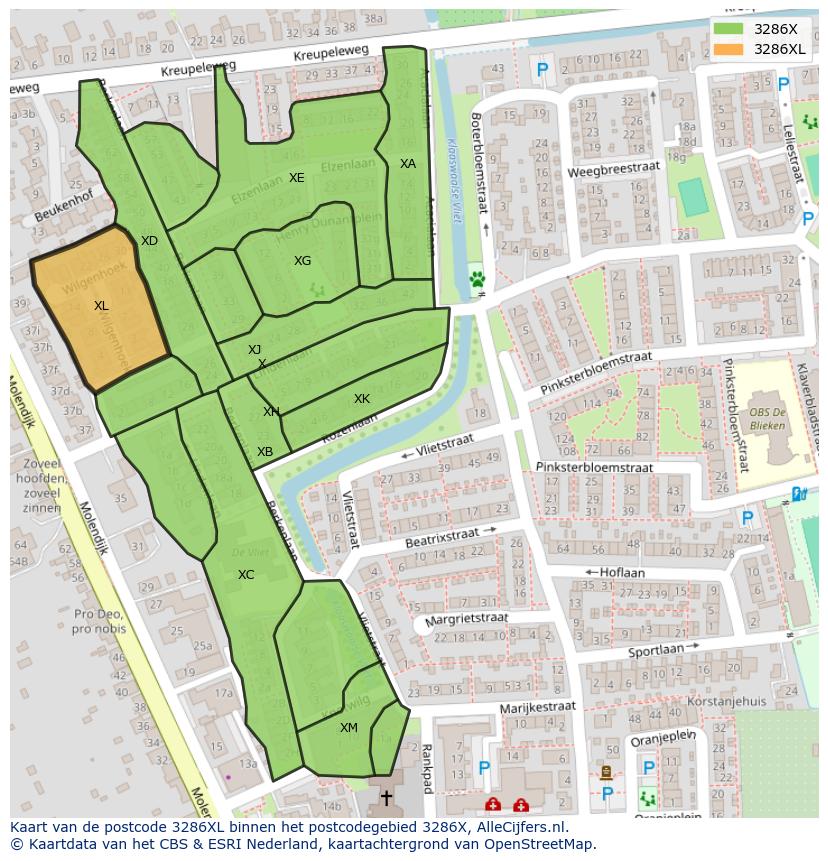 Afbeelding van het postcodegebied 3286 XL op de kaart.