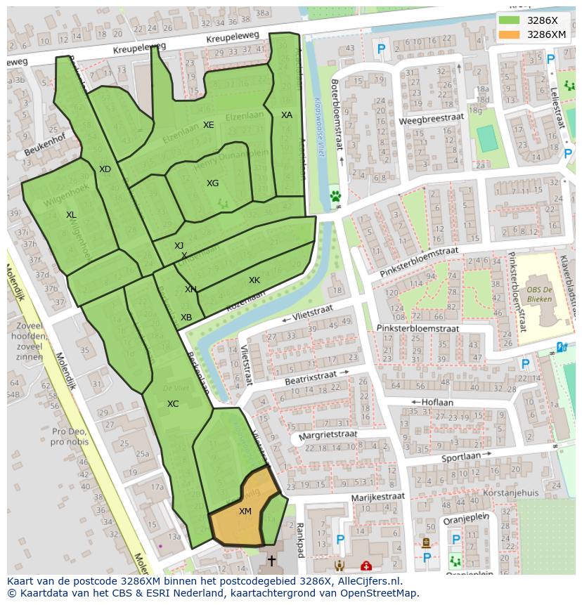 Afbeelding van het postcodegebied 3286 XM op de kaart.