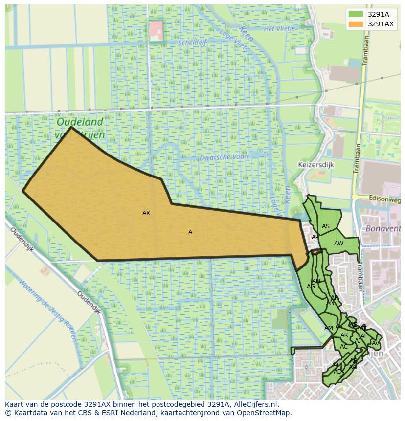 Afbeelding van het postcodegebied 3291 AX op de kaart.