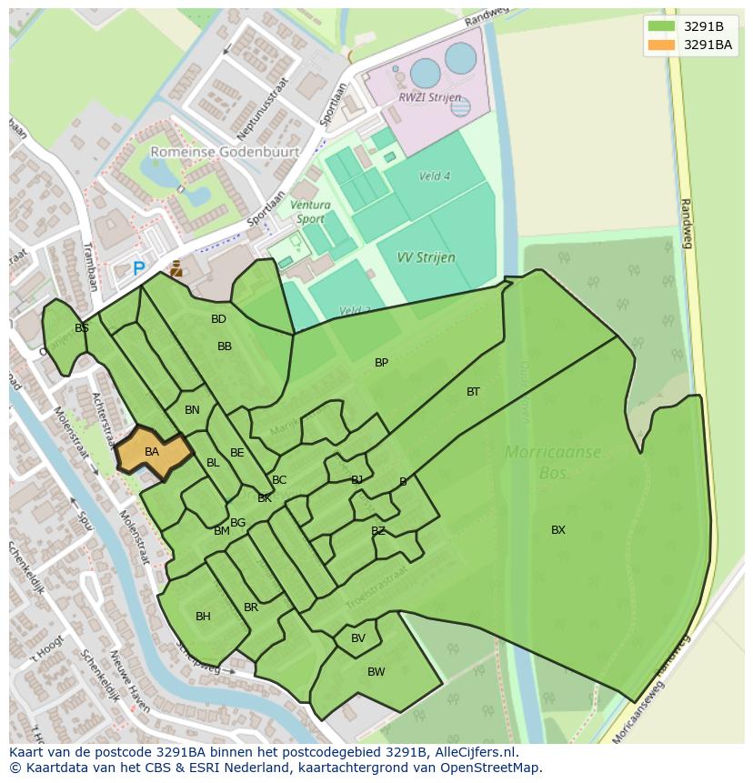 Afbeelding van het postcodegebied 3291 BA op de kaart.