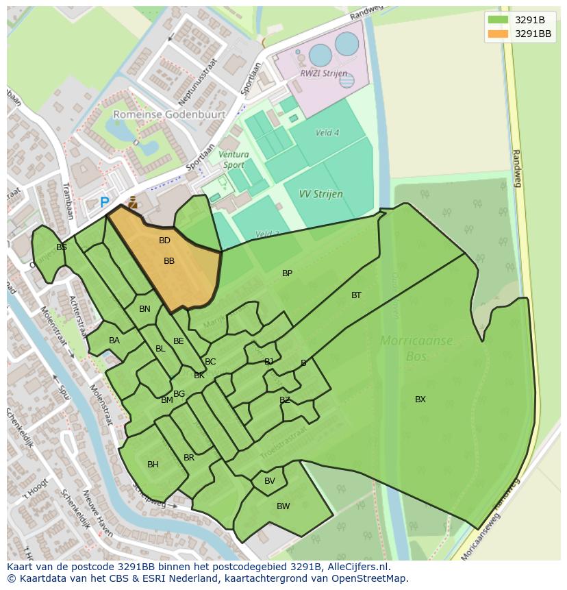 Afbeelding van het postcodegebied 3291 BB op de kaart.
