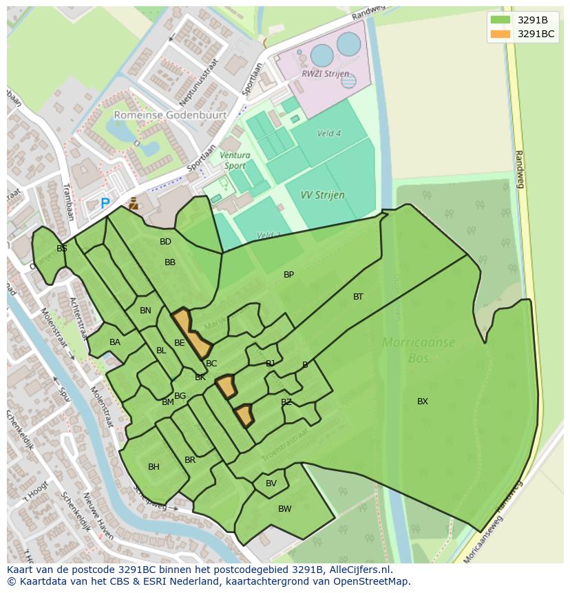 Afbeelding van het postcodegebied 3291 BC op de kaart.