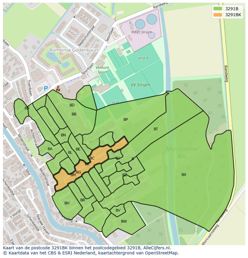Afbeelding van het postcodegebied 3291 BK op de kaart.