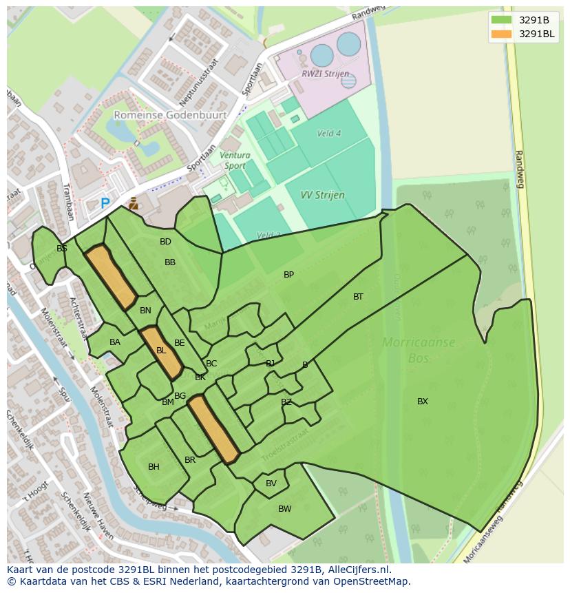 Afbeelding van het postcodegebied 3291 BL op de kaart.