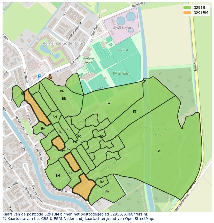 Afbeelding van het postcodegebied 3291 BM op de kaart.