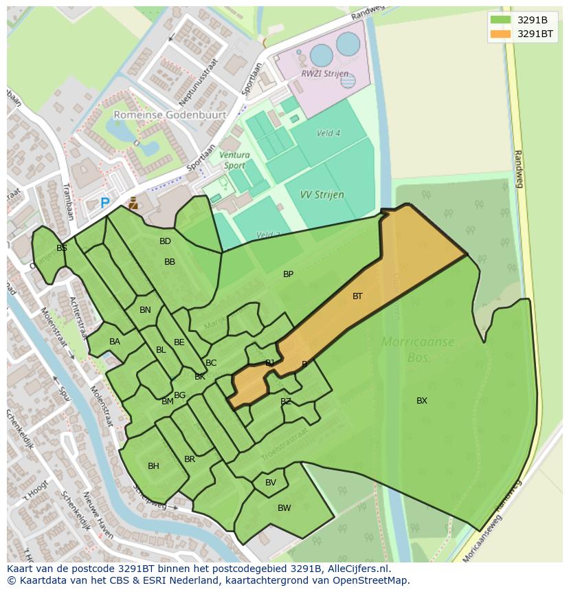 Afbeelding van het postcodegebied 3291 BT op de kaart.