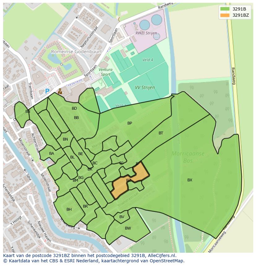 Afbeelding van het postcodegebied 3291 BZ op de kaart.