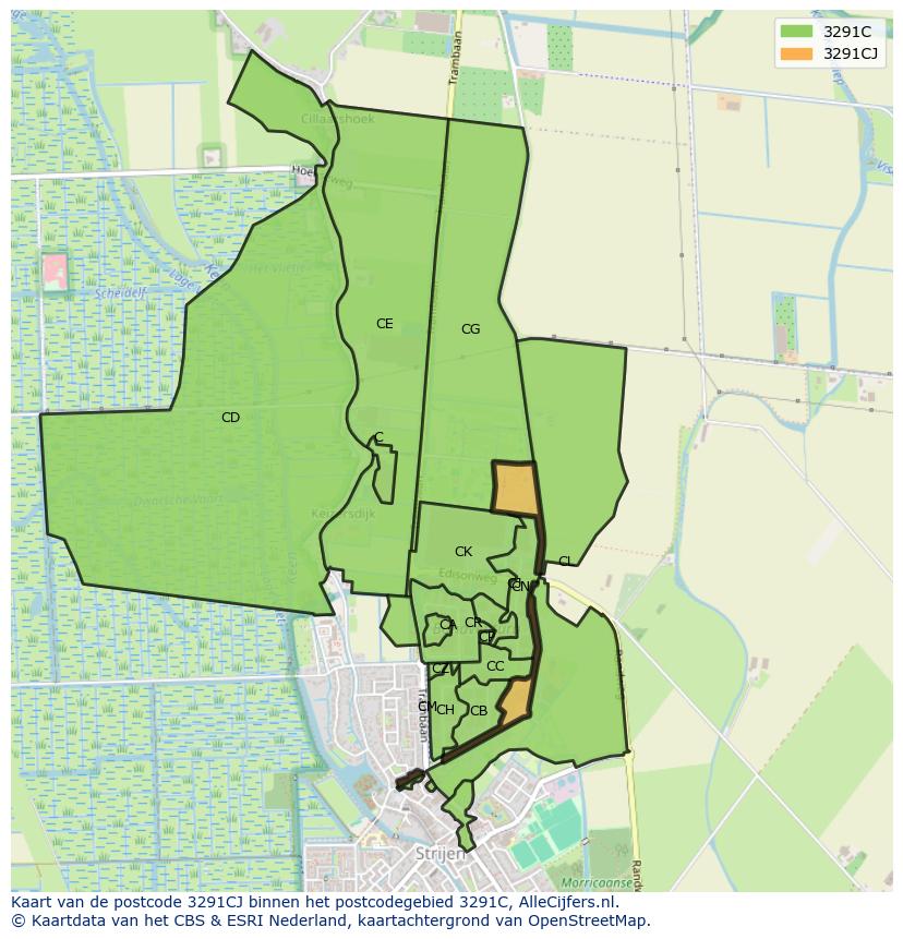 Afbeelding van het postcodegebied 3291 CJ op de kaart.