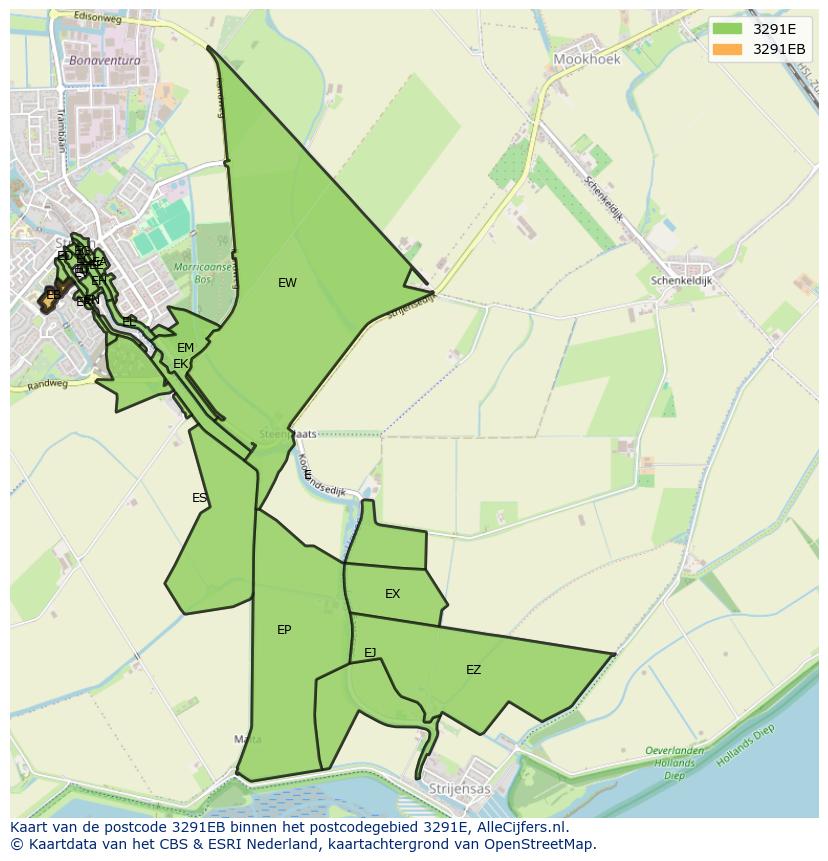 Afbeelding van het postcodegebied 3291 EB op de kaart.