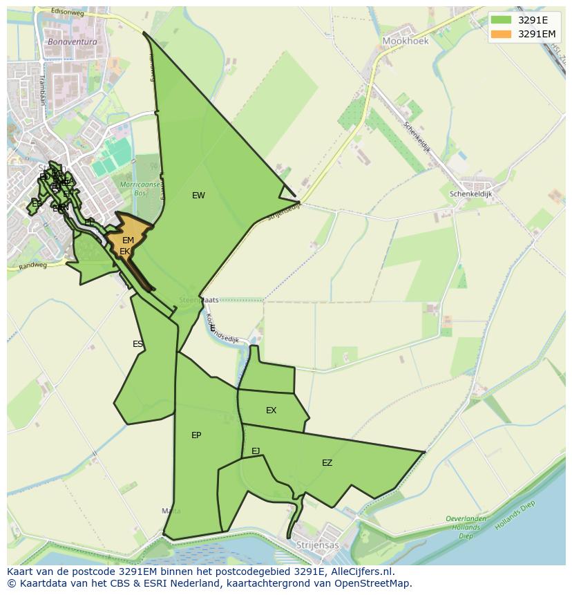 Afbeelding van het postcodegebied 3291 EM op de kaart.