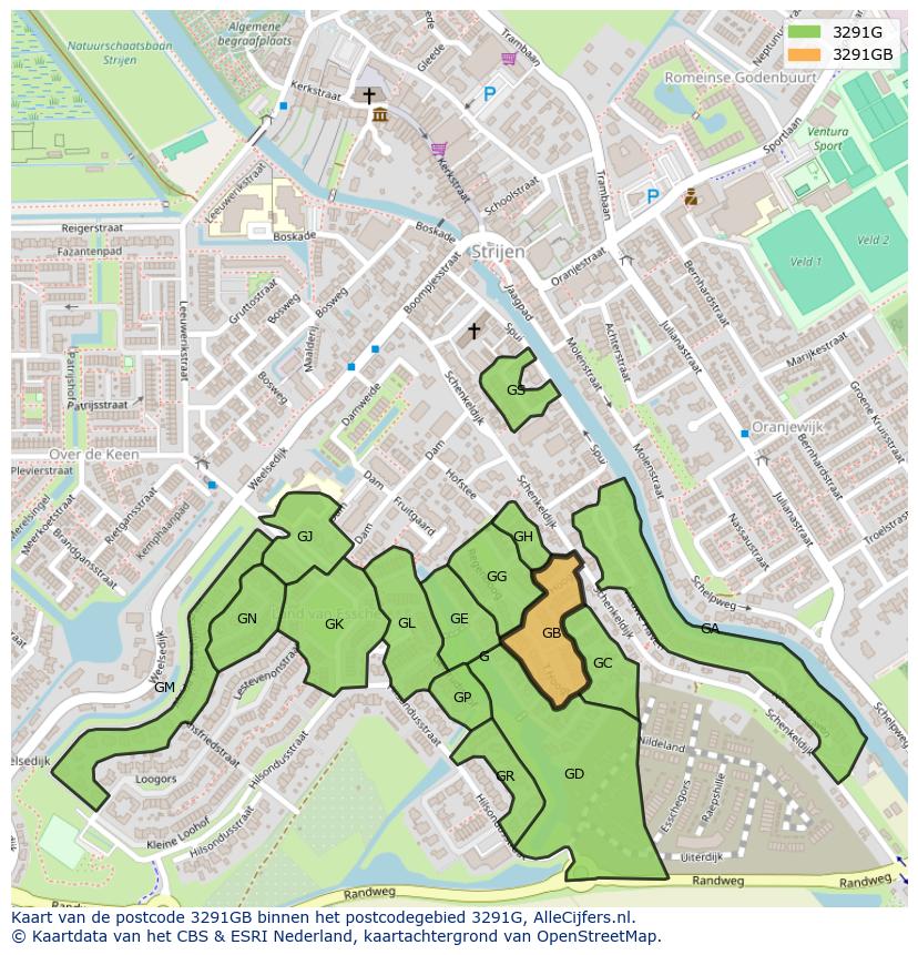 Afbeelding van het postcodegebied 3291 GB op de kaart.