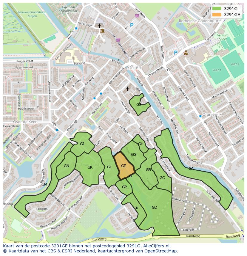 Afbeelding van het postcodegebied 3291 GE op de kaart.