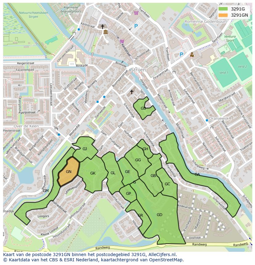 Afbeelding van het postcodegebied 3291 GN op de kaart.
