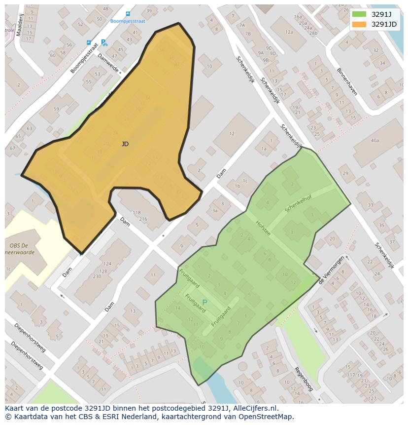 Afbeelding van het postcodegebied 3291 JD op de kaart.