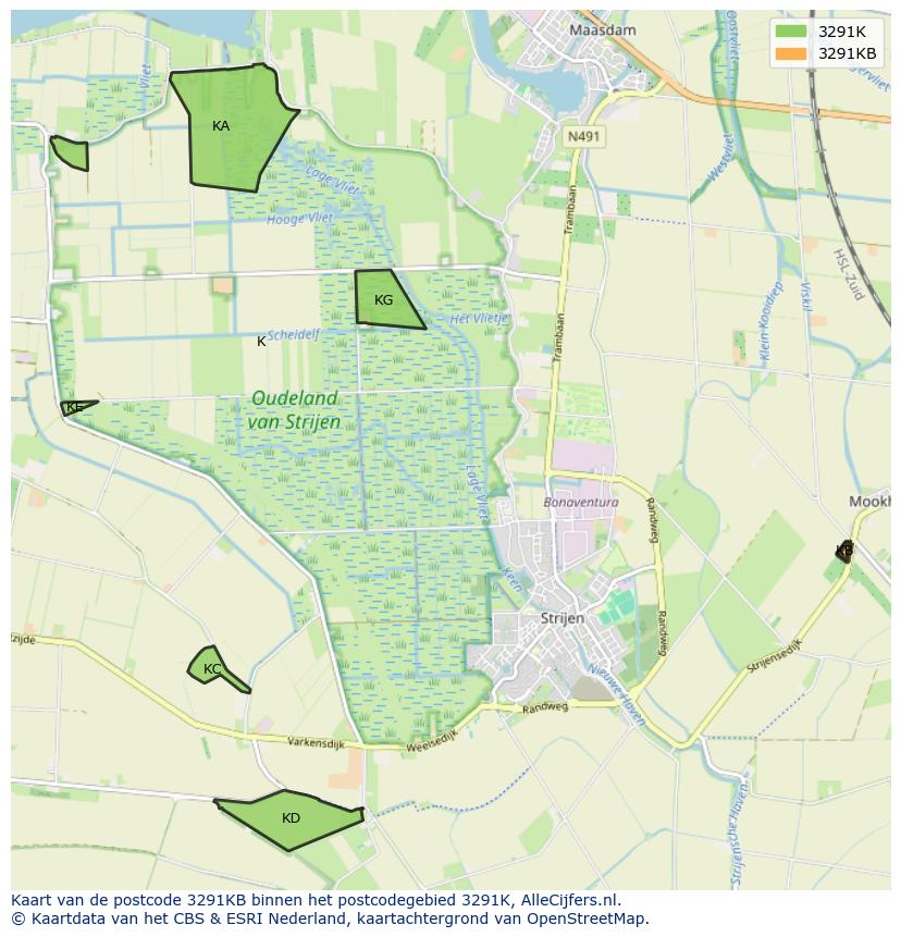 Afbeelding van het postcodegebied 3291 KB op de kaart.
