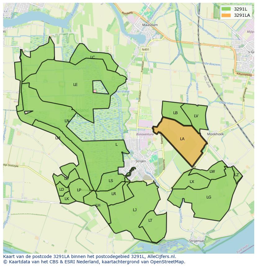 Afbeelding van het postcodegebied 3291 LA op de kaart.