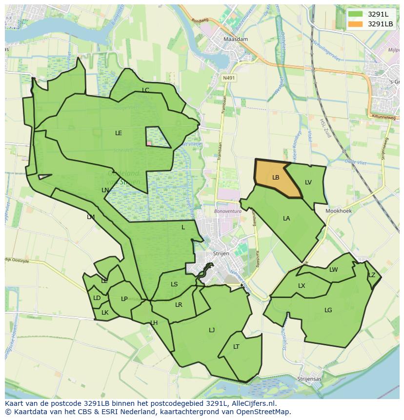Afbeelding van het postcodegebied 3291 LB op de kaart.