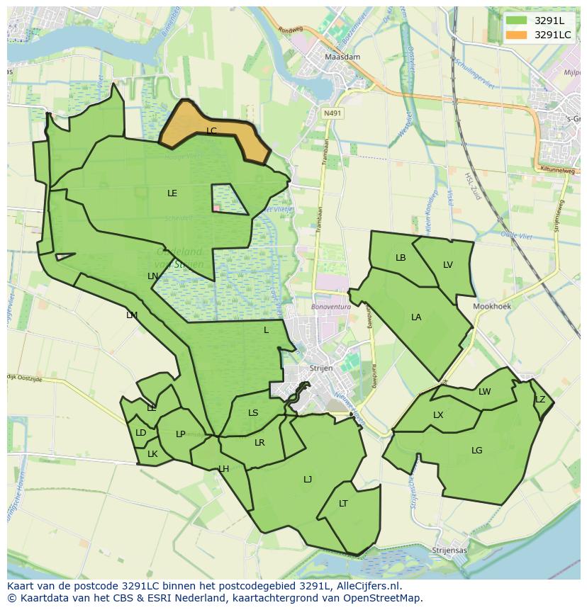 Afbeelding van het postcodegebied 3291 LC op de kaart.
