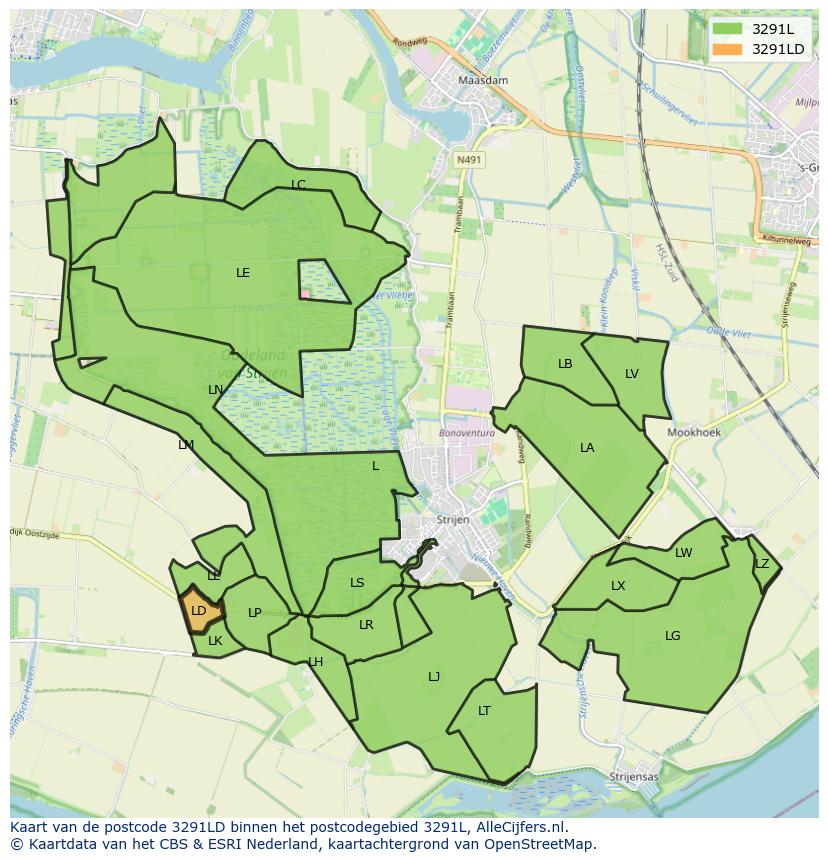 Afbeelding van het postcodegebied 3291 LD op de kaart.