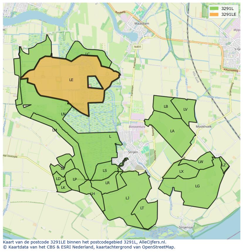 Afbeelding van het postcodegebied 3291 LE op de kaart.