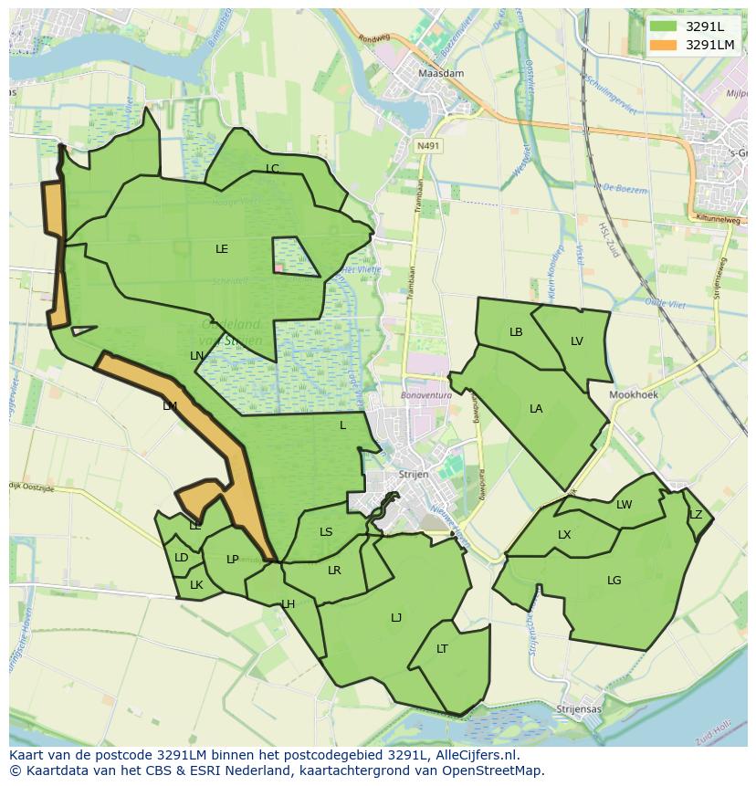 Afbeelding van het postcodegebied 3291 LM op de kaart.