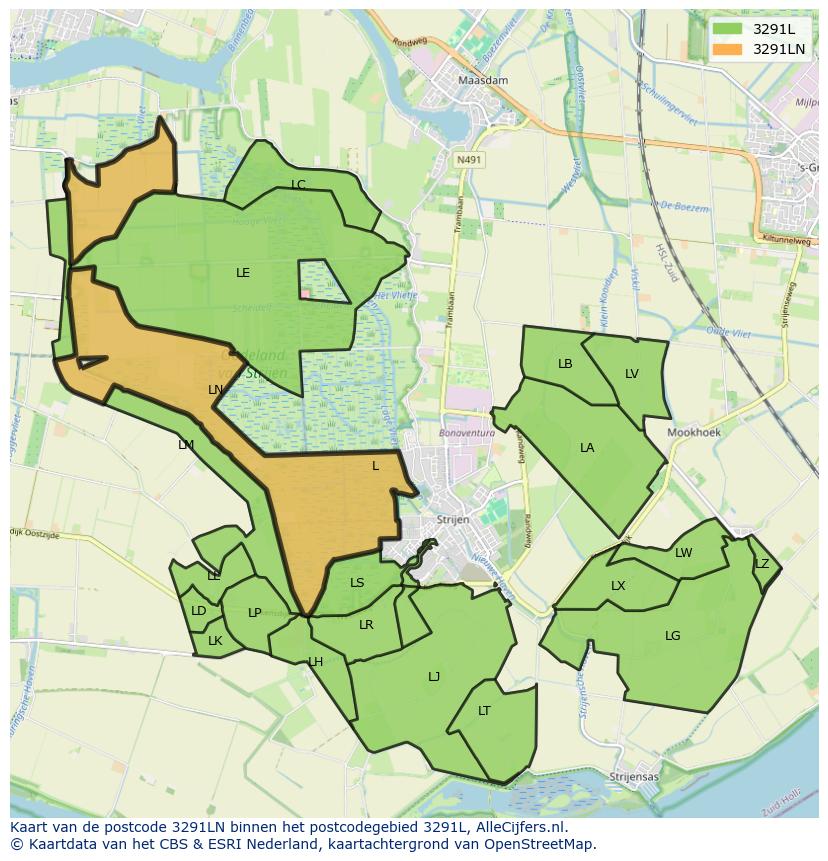 Afbeelding van het postcodegebied 3291 LN op de kaart.