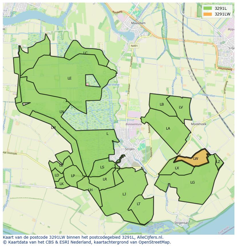 Afbeelding van het postcodegebied 3291 LW op de kaart.