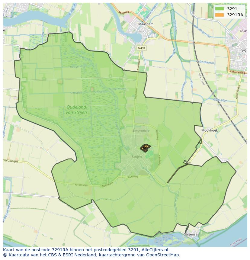 Afbeelding van het postcodegebied 3291 RA op de kaart.