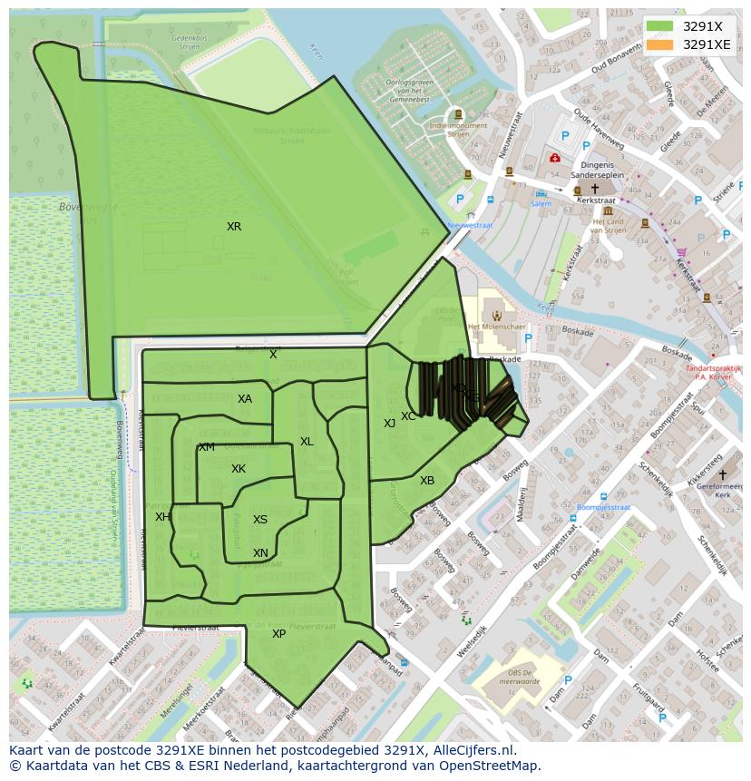 Afbeelding van het postcodegebied 3291 XE op de kaart.