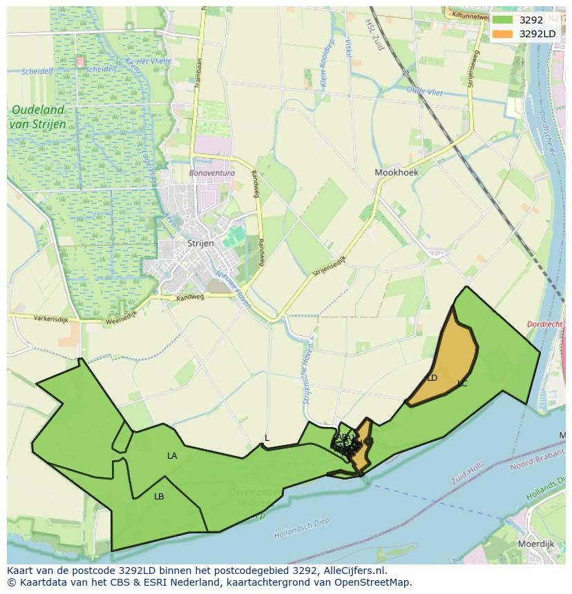 Afbeelding van het postcodegebied 3292 LD op de kaart.