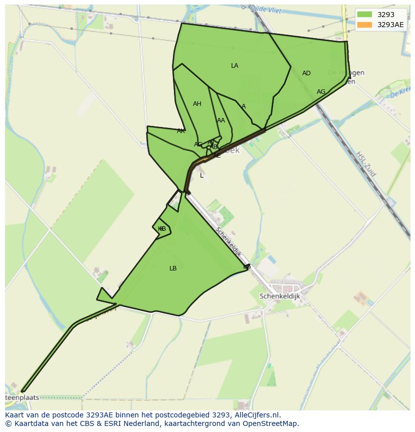 Afbeelding van het postcodegebied 3293 AE op de kaart.