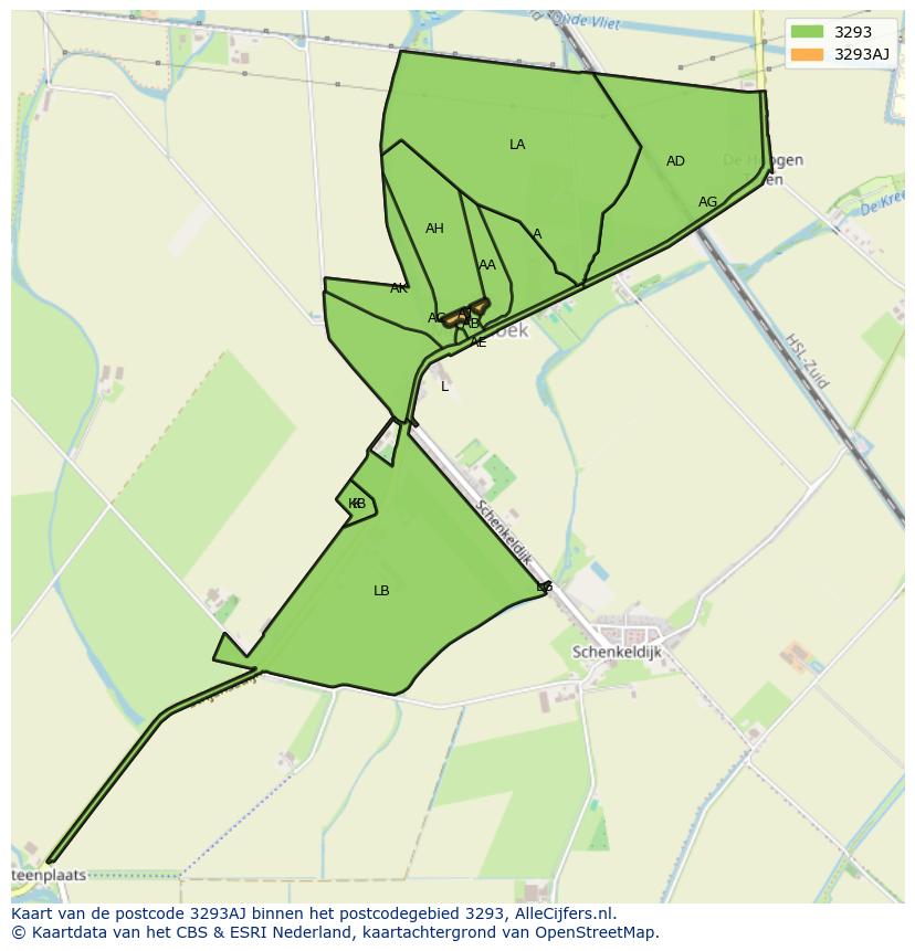 Afbeelding van het postcodegebied 3293 AJ op de kaart.