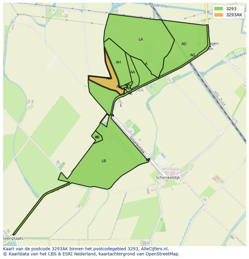 Afbeelding van het postcodegebied 3293 AK op de kaart.