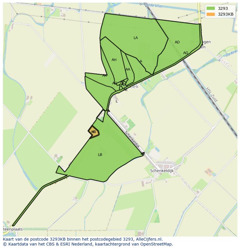 Afbeelding van het postcodegebied 3293 KB op de kaart.