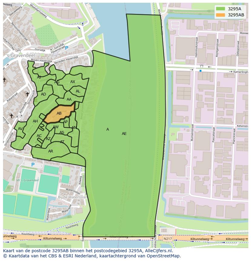 Afbeelding van het postcodegebied 3295 AB op de kaart.