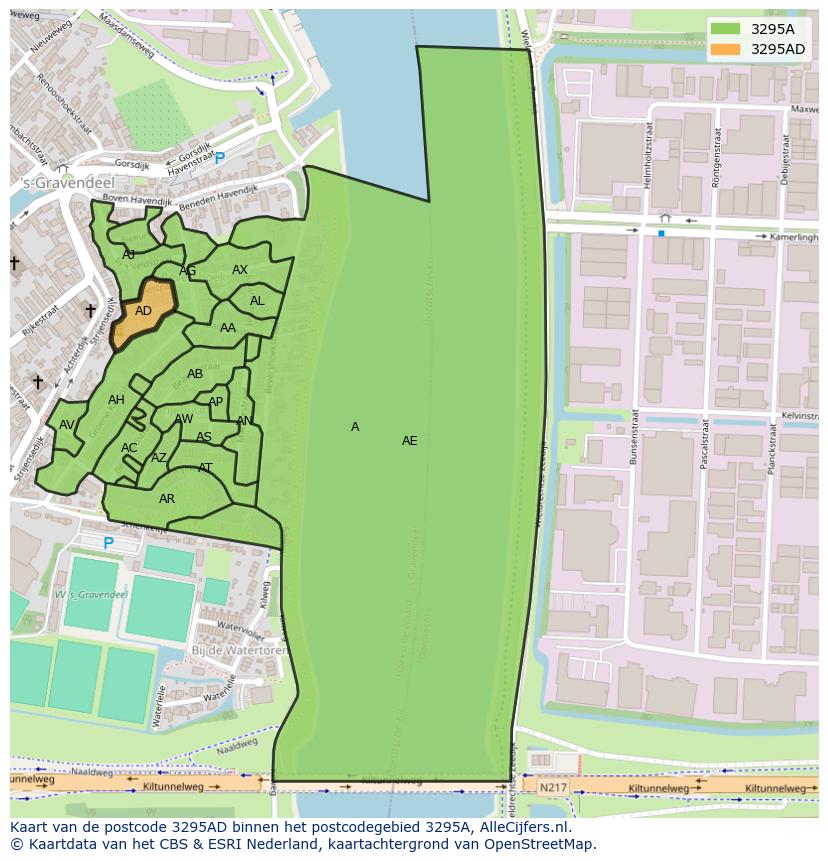 Afbeelding van het postcodegebied 3295 AD op de kaart.