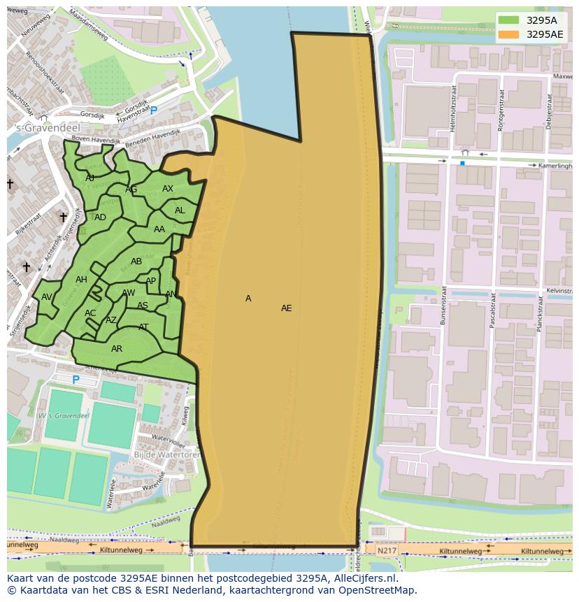 Afbeelding van het postcodegebied 3295 AE op de kaart.