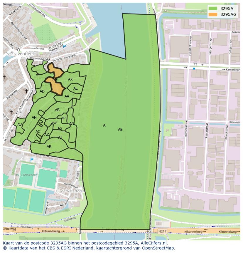 Afbeelding van het postcodegebied 3295 AG op de kaart.