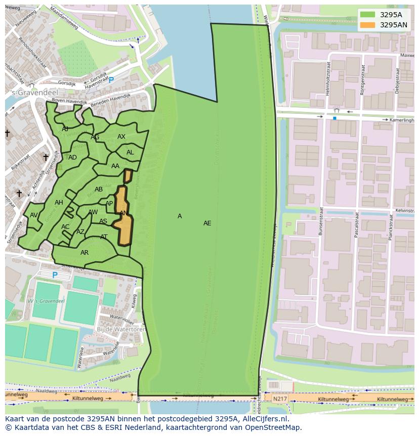 Afbeelding van het postcodegebied 3295 AN op de kaart.