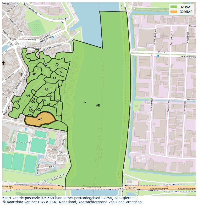 Afbeelding van het postcodegebied 3295 AR op de kaart.
