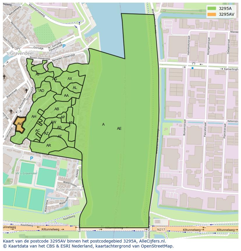 Afbeelding van het postcodegebied 3295 AV op de kaart.