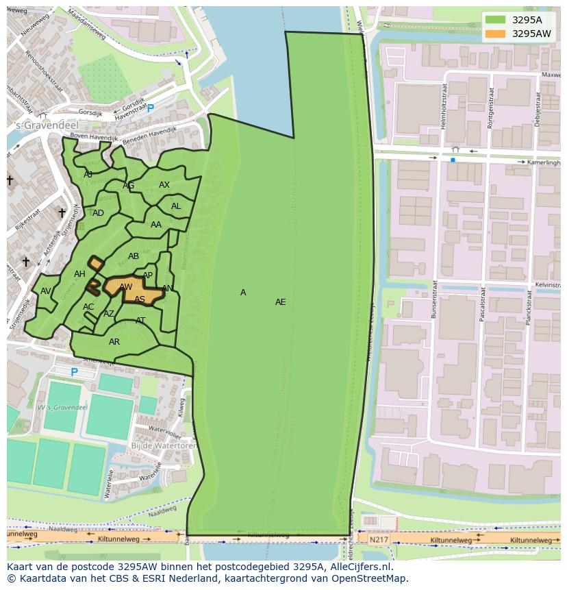 Afbeelding van het postcodegebied 3295 AW op de kaart.