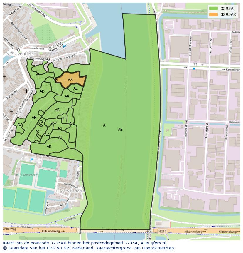 Afbeelding van het postcodegebied 3295 AX op de kaart.