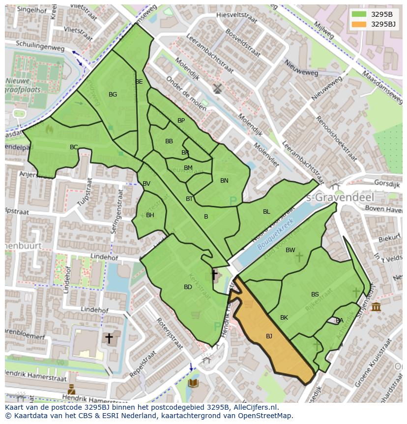 Afbeelding van het postcodegebied 3295 BJ op de kaart.