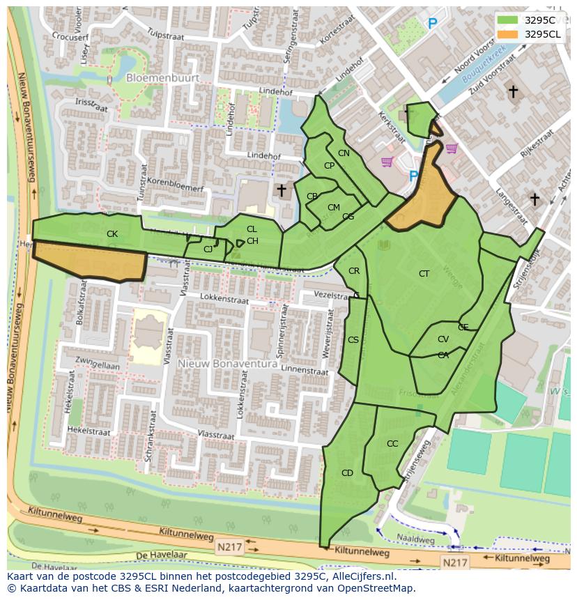 Afbeelding van het postcodegebied 3295 CL op de kaart.